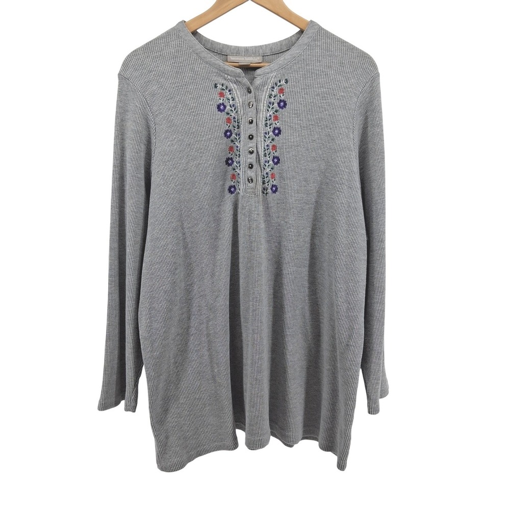 Woman Within Gray Floral Embroidered Thermal Knit Henley Tee Plus Sz 2X Cozy - Picture 1 of 11
